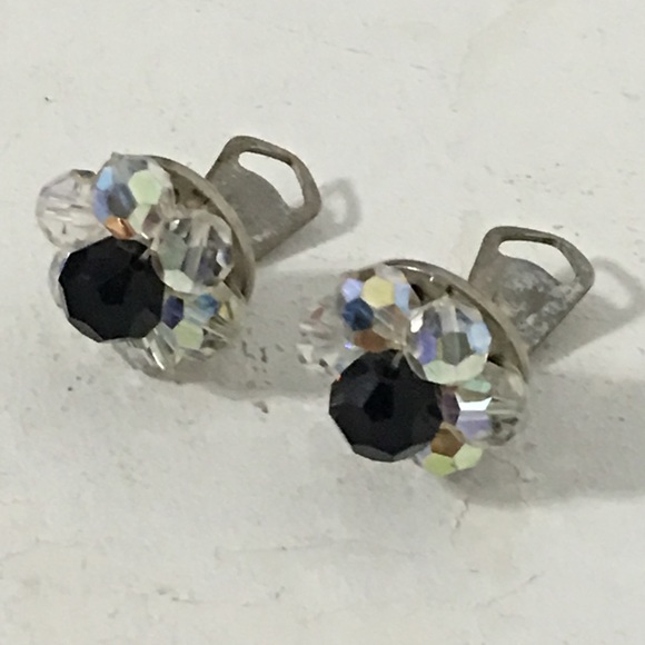 Vintage Clear AB Black Beaded Clip Earrings - Picture 2 of 8